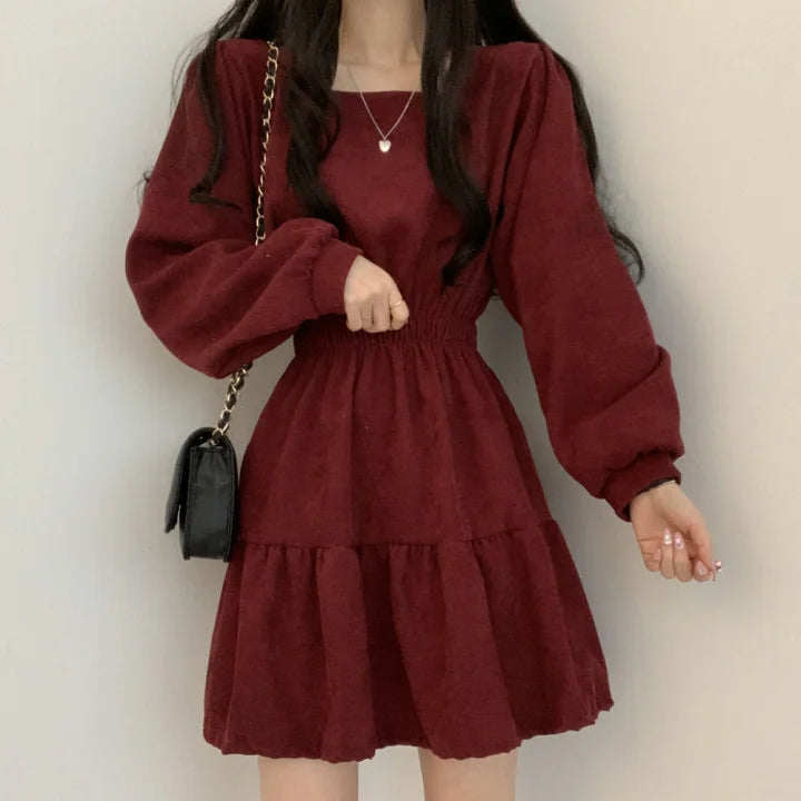 Aiertu  Vintage Mini Dress Women Sweet Retro Wrap Square Collar Long Sleeve Short Dresses Solid 3 Colors Preppy Style Clothes Aiertu