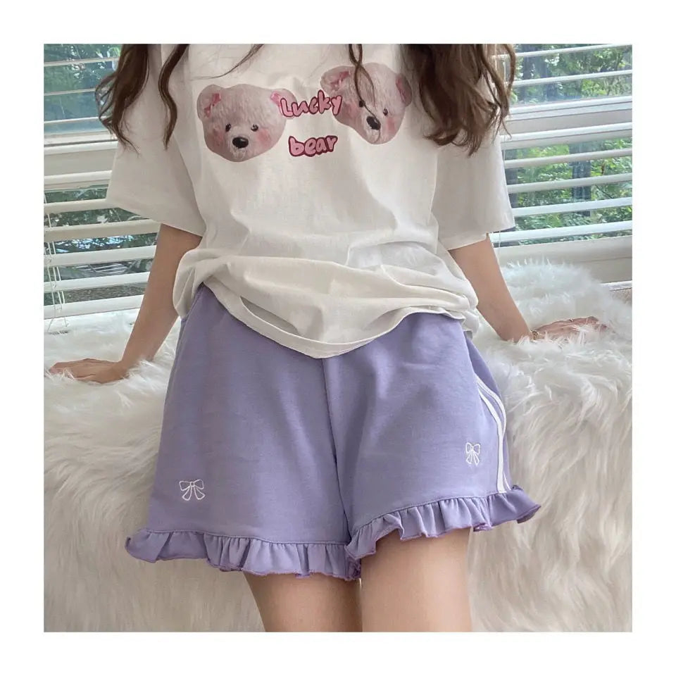 Aiertu Kawaii Streetwear Bow Embroidery Elastic High Waist Wide Letg Shorts Women Summer Lolita Sweet Cute Ruffle Short Femme Aiertu