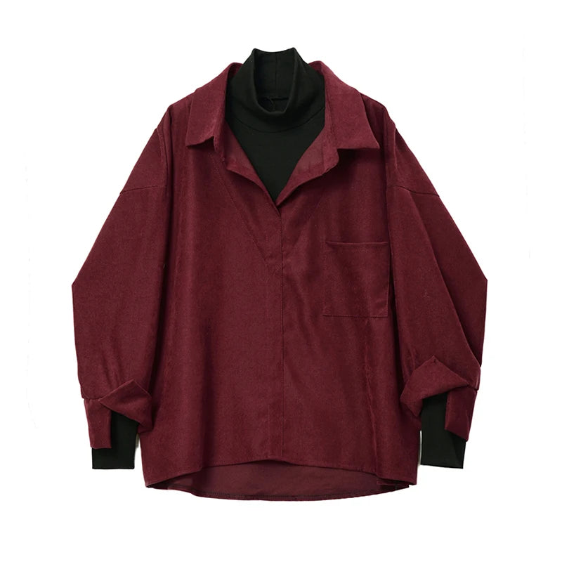 Aiertu Fake Two Piece Shirt Women Patchwork Turtleneck Turn-down Collar Autumn Winter Casual Lady Long Sleeves Female Loose Blouse Tops Aiertu
