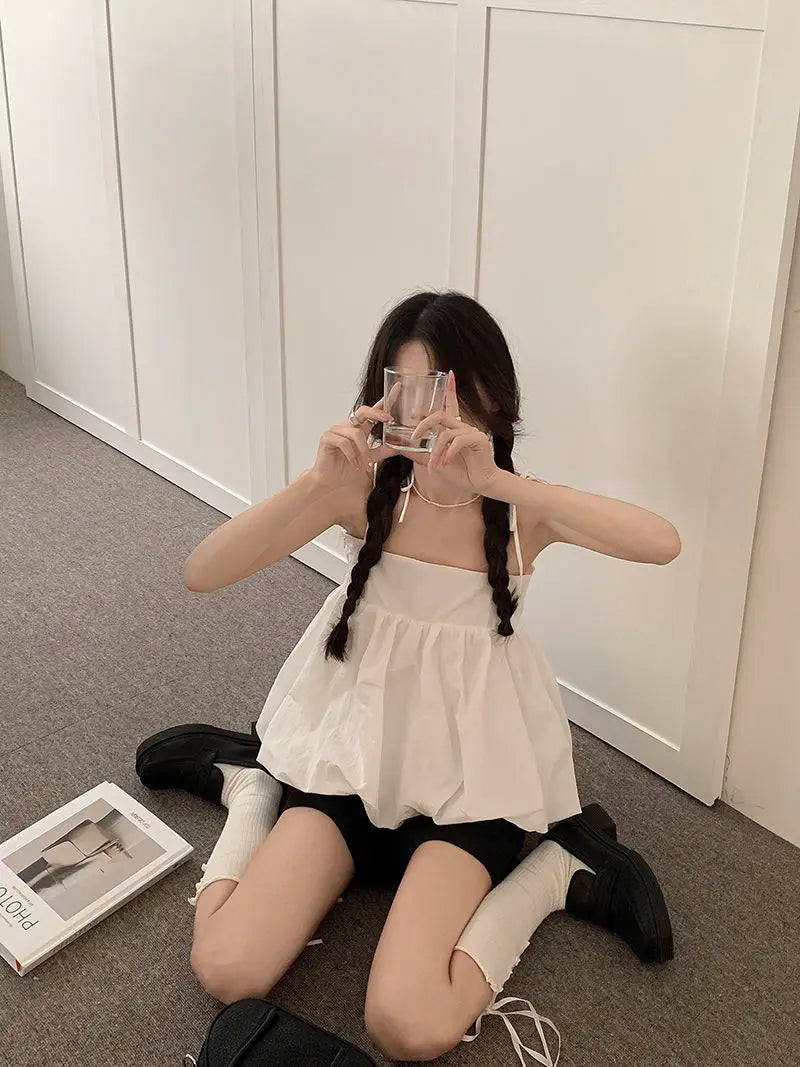 Aiertu Summer Korean Loose Camis Tops Women White Casual Chic French Sexy Blouses Ladies High Street Designer Sweet Party Clothing Aiertu