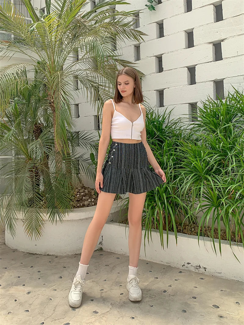 Aiertu Y2k Pleated Skirt Women Sexy High Waist Grey Stripe Bandage Mini Skirts Summer New A Line Skirt Vintage Harajuku Streetwar Aiertu