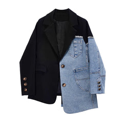 Aiertu Women Vintage Fashion Blazer Denim Patchwork Jackets Autumn Winter Irregular Coat Women Long Sleeve Loose Korean Outerwear Aiertu