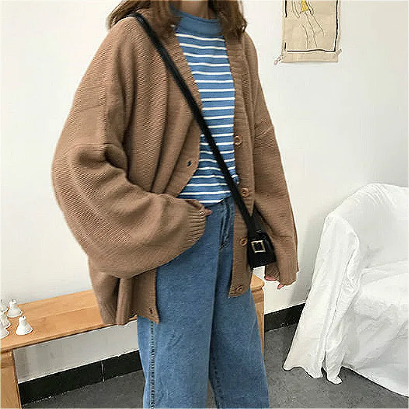 Aiertu Sweaters Women Knitting Cardigans Casual Spring V-Neck Long Sleeve Daily Solid Mujer Clothes Single Breasted Brown College aiertu