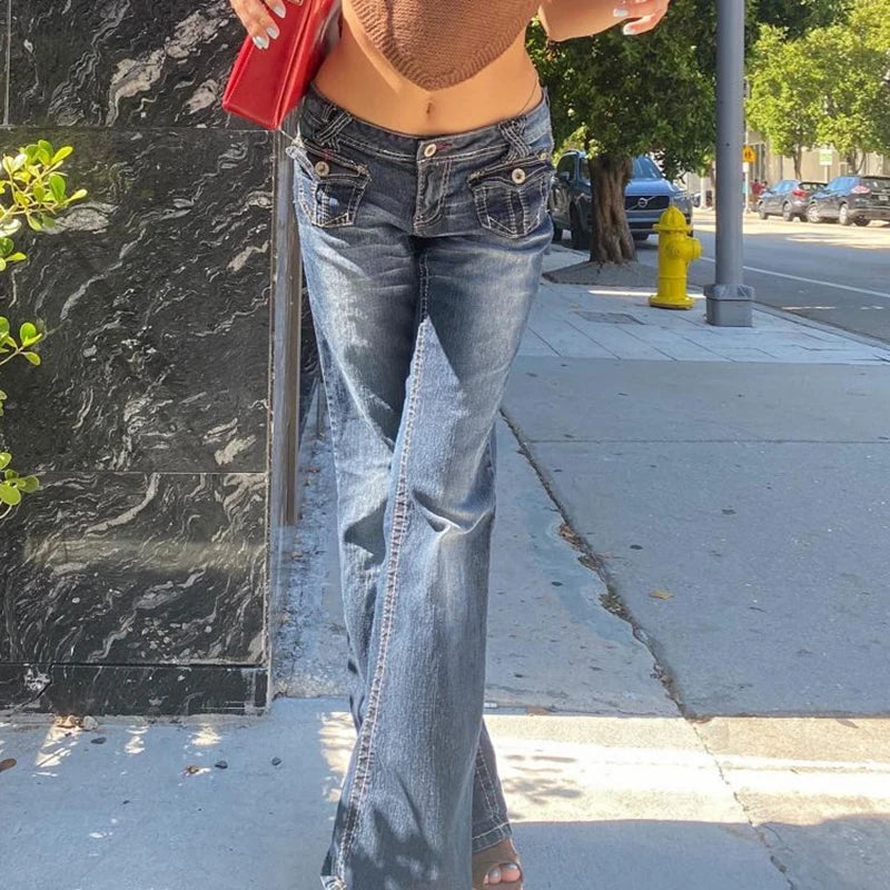 Aiertu Korean Style Harajuku Hot Mom Denim Jeans Y2K Grunge Vintage Low Waisted Pockets Skinny Flare Pants 2000s Retro Cargo Trousers Aiertu