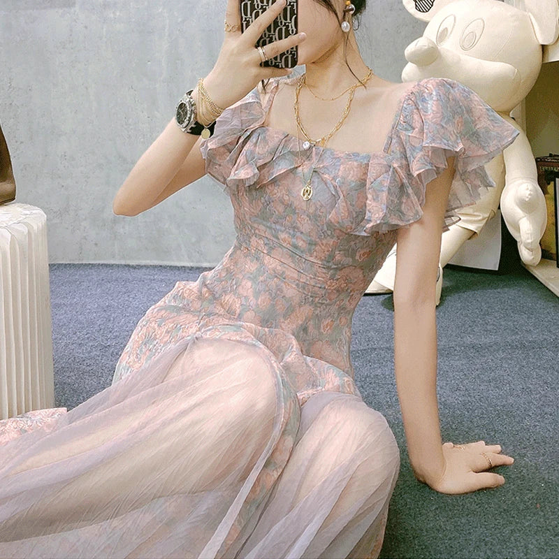 Aiertu Vintage Chiffon Midi Dress Women Floral Print Design Korean Party Split Dress Female Summer Evening Beach Boho Dress Casual Aiertu