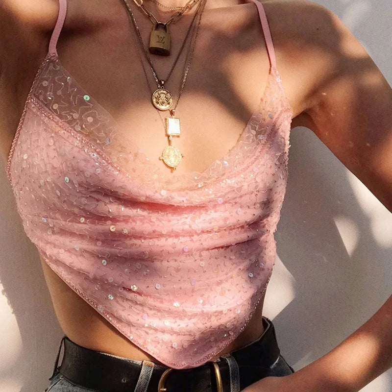 Aiertu  Sleeveless Backless Sexy V-neck Short Tank Top 2021 Summer 90s Women Fashion Glitter Sequin Mesh Patchwork Bandage Cami Top Aiertu