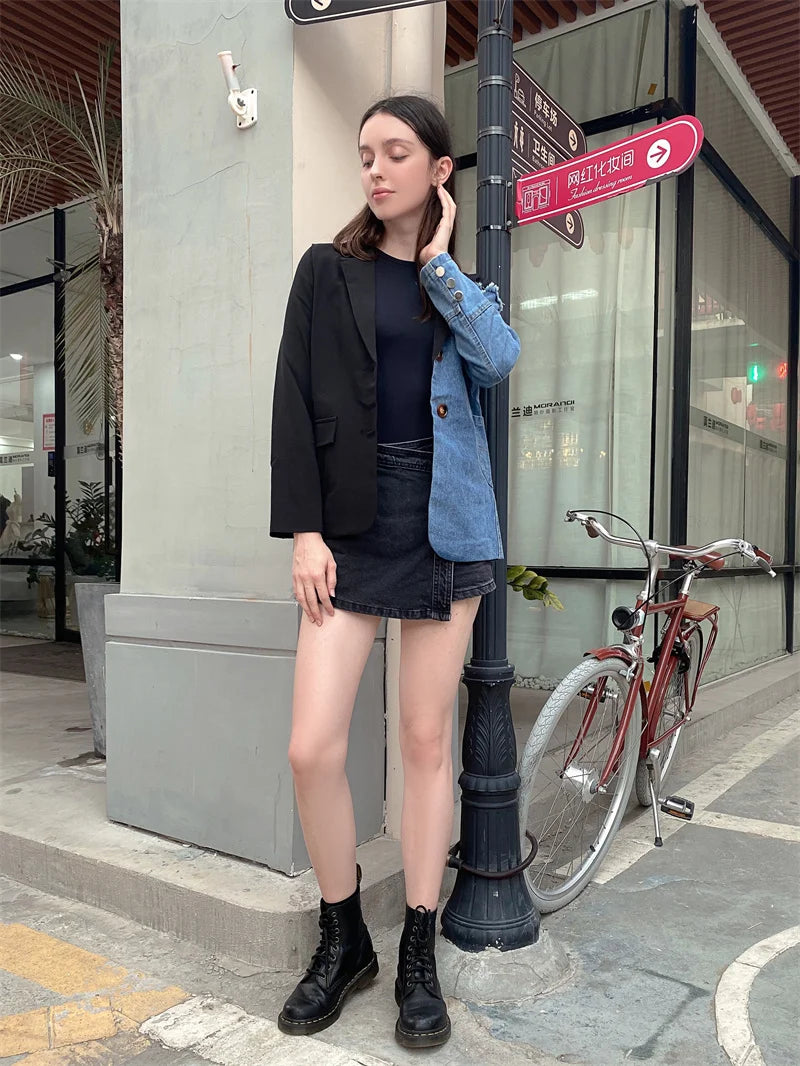 Aiertu Women Vintage Fashion Blazer Denim Patchwork Jackets Autumn Winter Irregular Coat Women Long Sleeve Loose Korean Outerwear Aiertu