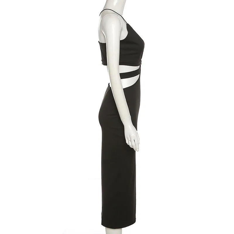 AIERTU  - Summer Dress Spaghetti Straps Halter Deep V Neck Cut Out Long Side Split Dresses For Women Sexy Party Vestidos Black Aiertu