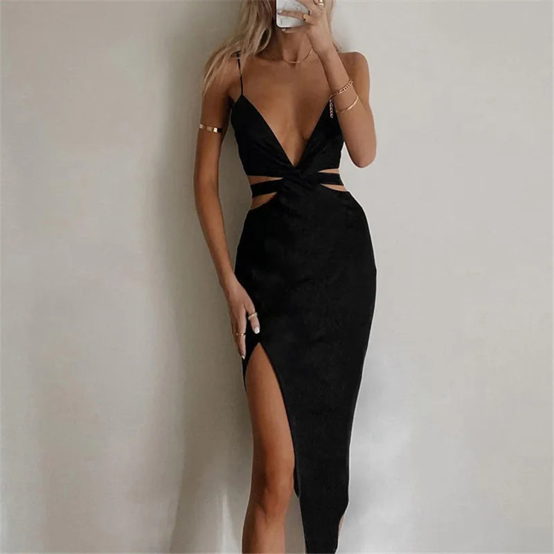 AIERTU  - Summer Dress Spaghetti Straps Halter Deep V Neck Cut Out Long Side Split Dresses For Women Sexy Party Vestidos Black Aiertu