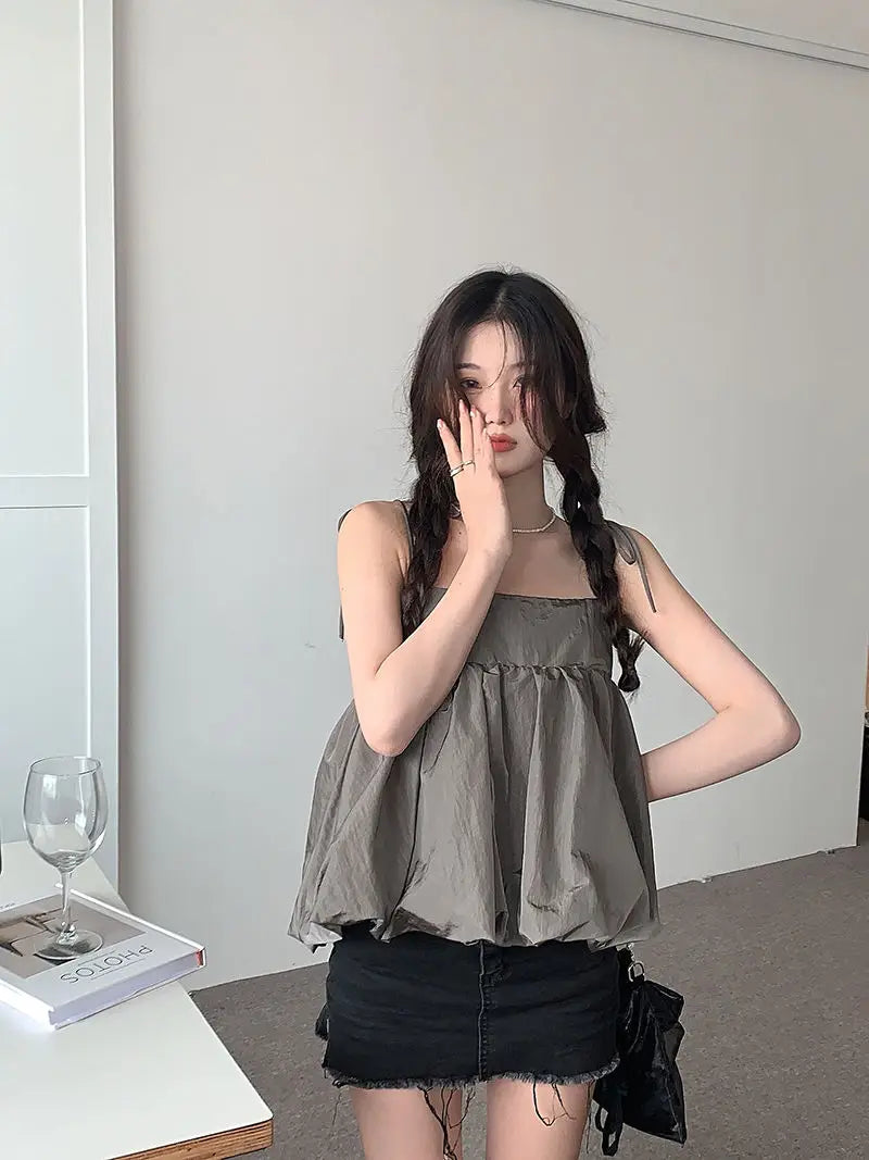 Aiertu Summer Korean Loose Camis Tops Women White Casual Chic French Sexy Blouses Ladies High Street Designer Sweet Party Clothing Aiertu
