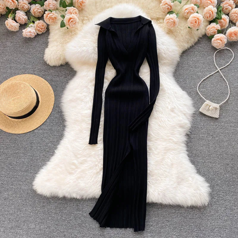 Aiertu  Women Korean Knitted Dress Long Sleeve V Neck Elastic Slim Pencil Dresses Autumn Sexy Bodycon Split Sweater Dress Aiertu