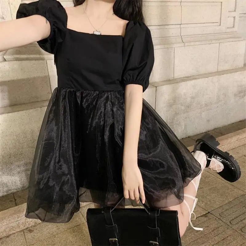 Aiertu Japanese Sweet Gothic Dress Women Black Sexy Backless Party Mini Dress French Patchwork Puff Sleeve Kawaii Fairy Princess Dress Aiertu