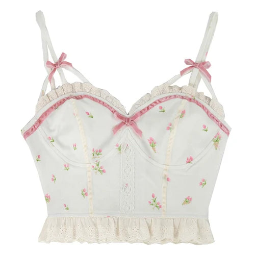 Aiertu White Backless Sexy Beach Sweet Cute Camis Women 2021 Summer Floral Kawaii Halter Tops Lace Print Party Korean Fashion Clothing Aiertu