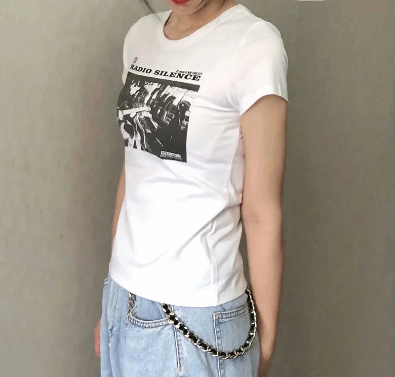 Aiertu Women "Radio Silence" Print Front Short Sleeve T-shirt Crop Top Aiertu