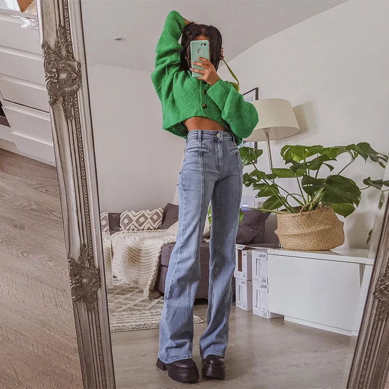 Aiertu Y2k Denim Pants For Women Vintage Star Pattern Blue Flare Jeans Female  Harajuku High Waist Full Length Trousers Aiertu