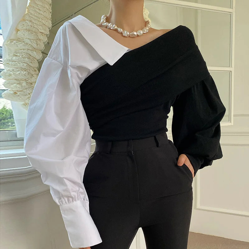 Aiertu V-neck Long Sleeve Contrasting Color Queen 2024 Spring new Loose Top Korean Chic Ladies Sweater Off-the-shoulder clothing Aiertu