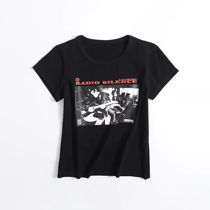 Aiertu Women "Radio Silence" Print Front Short Sleeve T-shirt Crop Top Aiertu