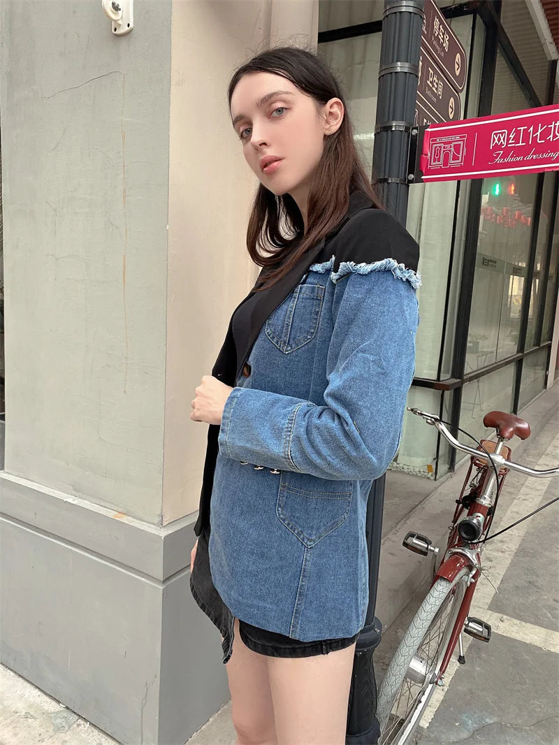 Aiertu Women Vintage Fashion Blazer Denim Patchwork Jackets Autumn Winter Irregular Coat Women Long Sleeve Loose Korean Outerwear Aiertu