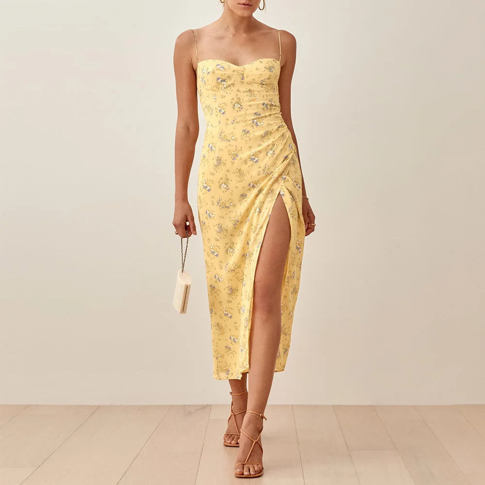 Aiertu Summer Clothes Dresses For Women Elegant Vintage Floral Midi Dress Sweetheart Neck Spaghetti Strap Slit Sexy Party Dress Aiertu