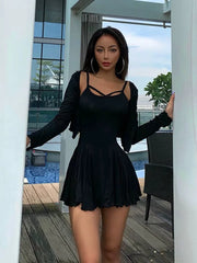 Aiertu Women two piece cotton suit skirt short cardigan long sleeve sexy korean cross tank pleated skirt slim nightclub Aiertu