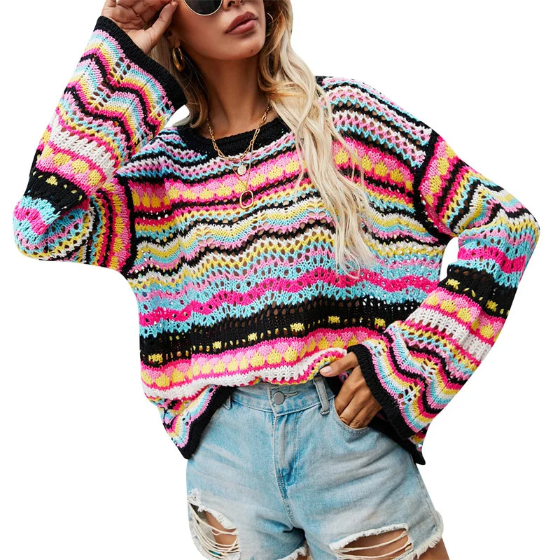 Aiertu Women Round Neck Loose Sweaters, Bohemian Long Sleeve Crochet Knit Pullover Tops Aiertu