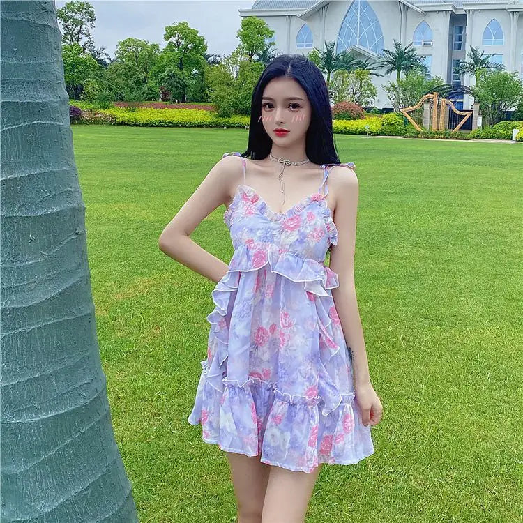 Aiertu Spaghetti Strap Dress Women Ruffles Sexy Japanese Sweet Princess Dress Female Beach Holiday Floral Mini Boho Dress 2024 Summer Aiertu