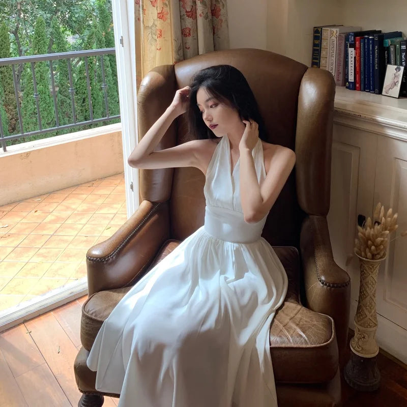Aiertu White Elegant Halter Dress Women Sexy Backless Korean Party Midi Dress Female Sleeveless V-neck Vintage Dresses for Women Aiertu