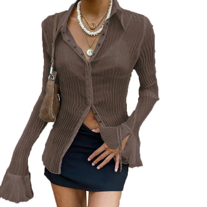 Aiertu Vintage White Folds Cute Y2K Shirts Women Elegant Fashion Flared Sleeve Button Tops See Through Sexy Mesh E Girl Tees Aiertu