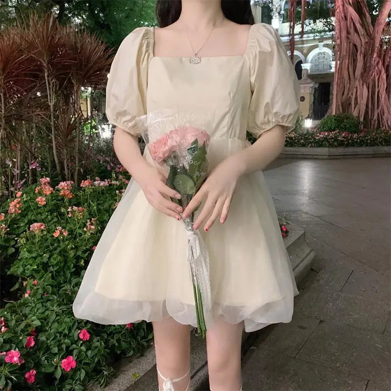 Aiertu Japanese Sweet Gothic Dress Women Black Sexy Backless Party Mini Dress French Patchwork Puff Sleeve Kawaii Fairy Princess Dress Aiertu