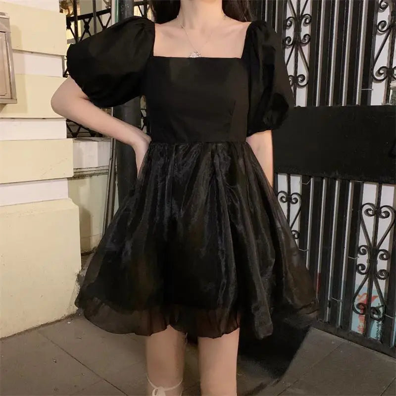 Aiertu Japanese Sweet Gothic Dress Women Black Sexy Backless Party Mini Dress French Patchwork Puff Sleeve Kawaii Fairy Princess Dress Aiertu