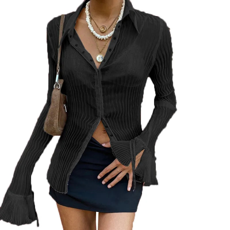 Aiertu Vintage White Folds Cute Y2K Shirts Women Elegant Fashion Flared Sleeve Button Tops See Through Sexy Mesh E Girl Tees Aiertu