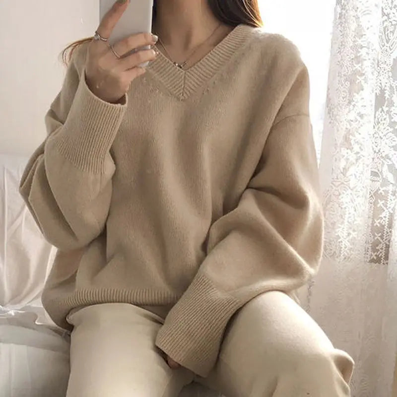 Aiertu FALL OUTFIT Sweater Pullovers Women Spring New Chic Solid V-neck All-match Loose Simple Female Fashion Vintage Elegant Clothing Leisure Soft aiertu