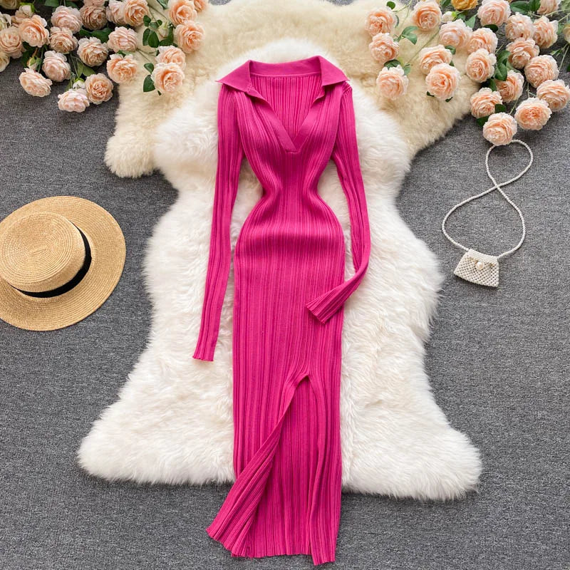 Aiertu  Women Korean Knitted Dress Long Sleeve V Neck Elastic Slim Pencil Dresses Autumn Sexy Bodycon Split Sweater Dress Aiertu