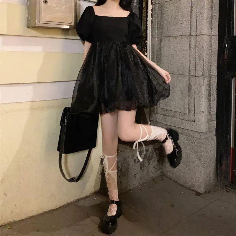 Aiertu Japanese Sweet Gothic Dress Women Black Sexy Backless Party Mini Dress French Patchwork Puff Sleeve Kawaii Fairy Princess Dress Aiertu