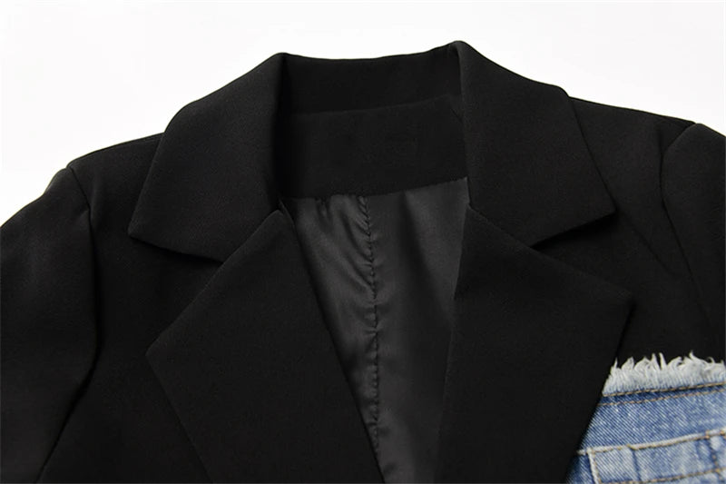Aiertu Women Vintage Fashion Blazer Denim Patchwork Jackets Autumn Winter Irregular Coat Women Long Sleeve Loose Korean Outerwear Aiertu