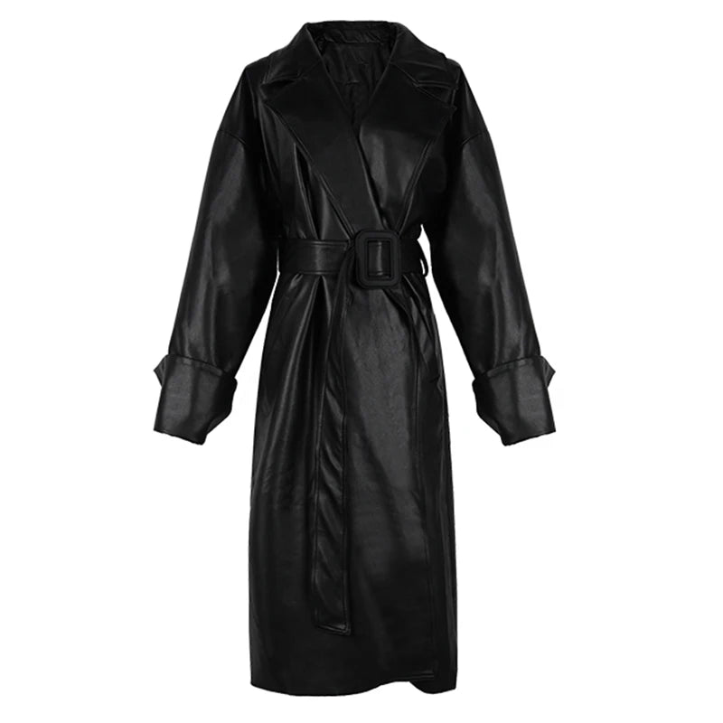 Lautaro Long oversized leather trench coat for women long sleeve lapel loose fit Fall Stylish black women clothing streetwear Aiertu