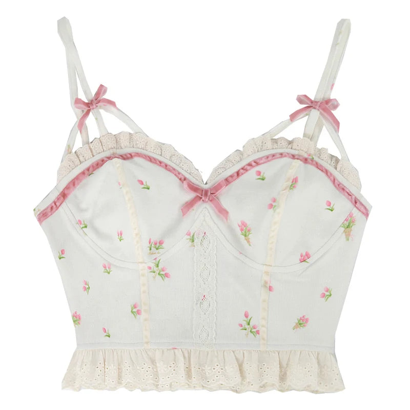 Aiertu White Backless Sexy Beach Sweet Cute Camis Women 2021 Summer Floral Kawaii Halter Tops Lace Print Party Korean Fashion Clothing Aiertu