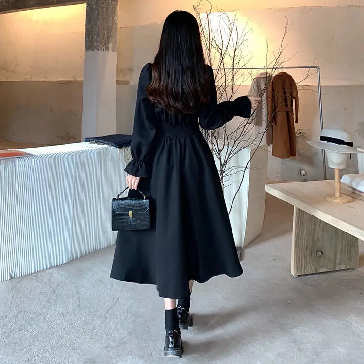 Aiertu Vintage Black Dress Women French Elegant Square Collar Long Sleeve Midi Dress Autumn Ladies Retro Clothes Chic Korean Aiertu