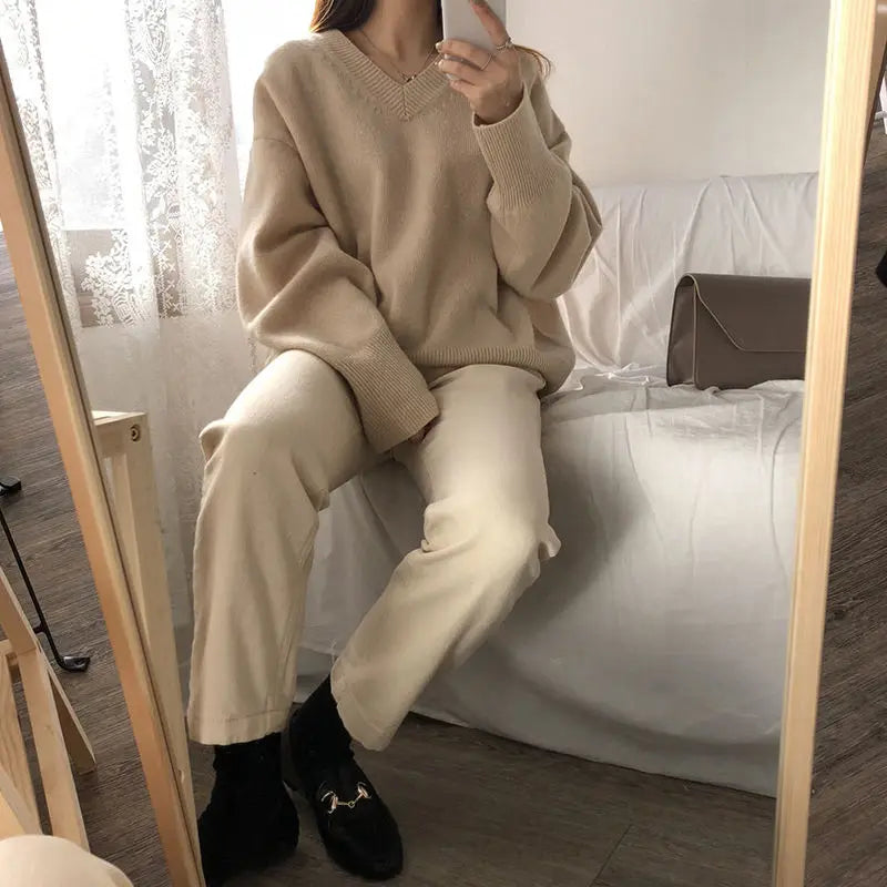 Aiertu FALL OUTFIT Sweater Pullovers Women Spring New Chic Solid V-neck All-match Loose Simple Female Fashion Vintage Elegant Clothing Leisure Soft aiertu