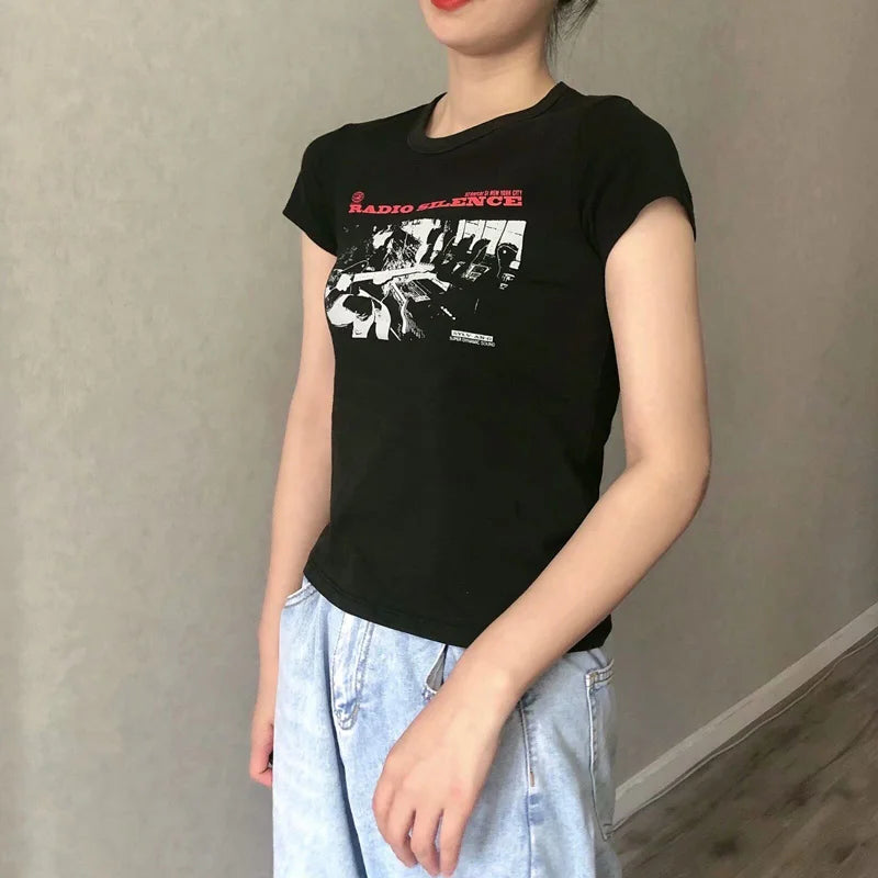 Aiertu Women "Radio Silence" Print Front Short Sleeve T-shirt Crop Top Aiertu