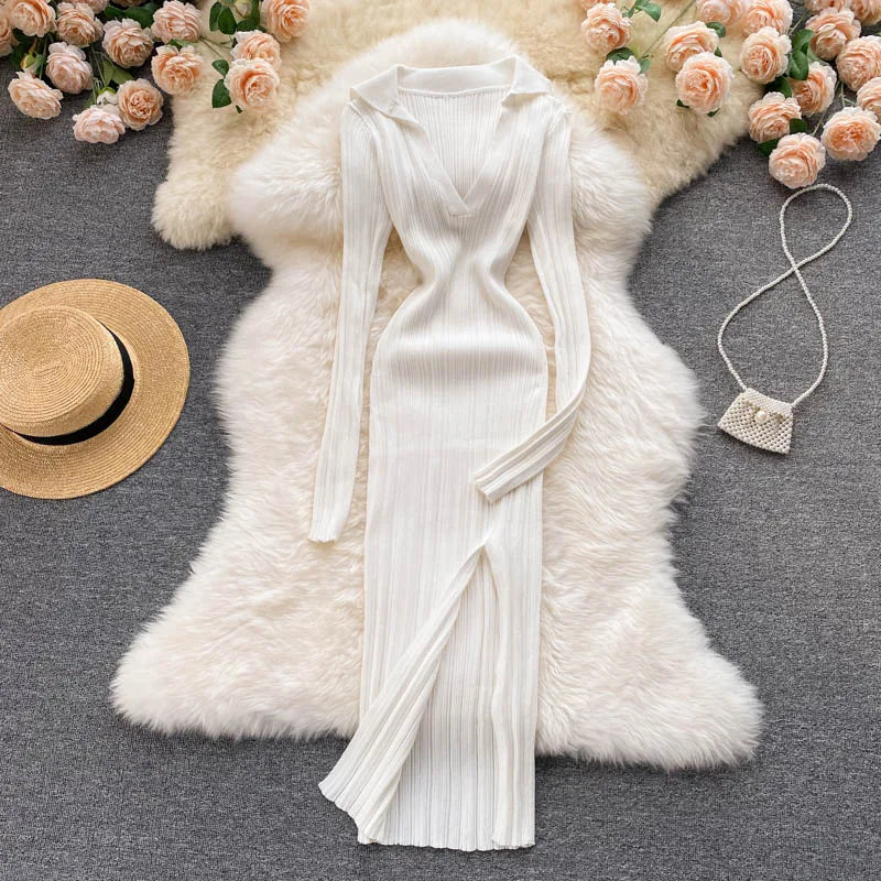 Aiertu  Women Korean Knitted Dress Long Sleeve V Neck Elastic Slim Pencil Dresses Autumn Sexy Bodycon Split Sweater Dress Aiertu