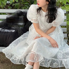 Aiertu Summer Long Fairy Dress Women Sweet Mesh Hollow Out Designer Vintage Dress 2021 Elegant Korean High Waist Party Floral Dress Aiertu