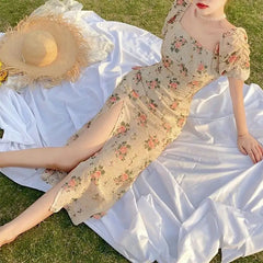 Aiertu 2024 Summer Floral Vintage Dress Women Casual Holiday Split Designer Midi Dress Korean Fashion Slim Party Princess Chiffon Dress Aiertu