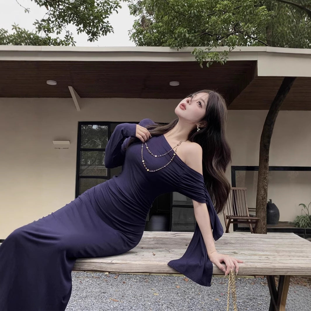 Aiertu fall outfits Wine Red Ribbon Shoulder Long Sleeve Dress Women's Autumn Slim Irregular Skirt Tight Waist Sheath Dress aiertu