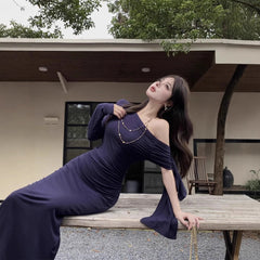 Aiertu fall outfits Wine Red Ribbon Shoulder Long Sleeve Dress Women's Autumn Slim Irregular Skirt Tight Waist Sheath Dress aiertu