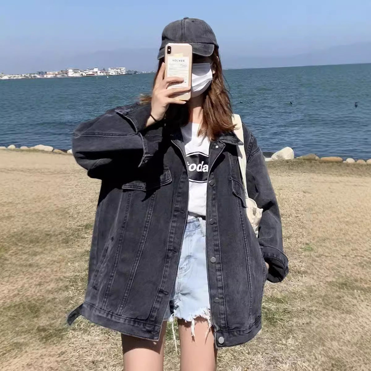 Aiertu joker costume female outfit Spring and Autumn Black Denim Jacket Top Women's Autumn Trendy Loose Korean Style Hong Kong Style Casual Fried Street Jacket aiertu