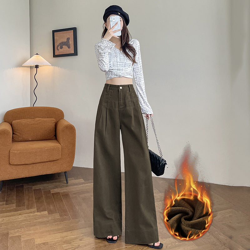 Aiertu fashion outfits Brown Denim Wide-Leg Pants Women's Wide-Leg Slimming Autumn and Winter High Waist Fleece-lined Draping Mop Long Pants aiertu