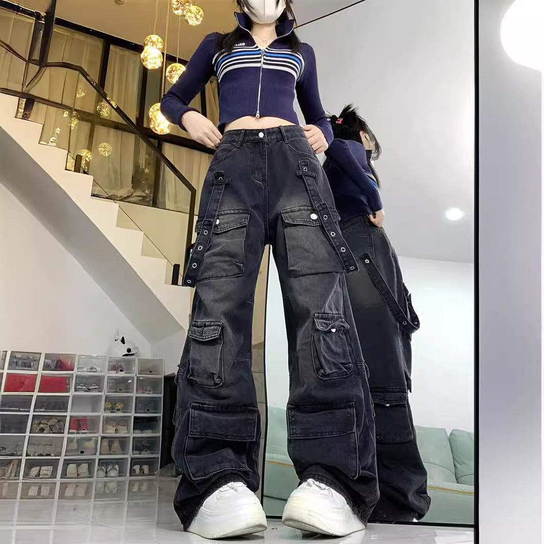 Aiertu fashion outfits Multi-Pocket Workwear Jeans Wide Leg Loose Niche Washed Distressed Pants aiertu