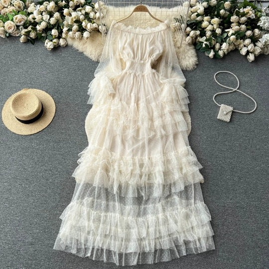 Aiertu summer outfits inspo French Style High-Grade Ruffled Mesh Cake Dress Women's Waist Slimming Temperament off-Shoulder Super Fairy Long Skirt aiertu