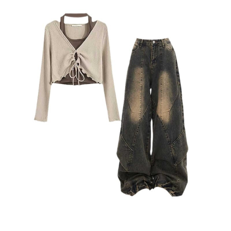 Aiertu shamar Retro Hong Kong Style Wear a Whole Suit Two-Piece Halter Top with Casual Jeans Two-Piece Set aiertu